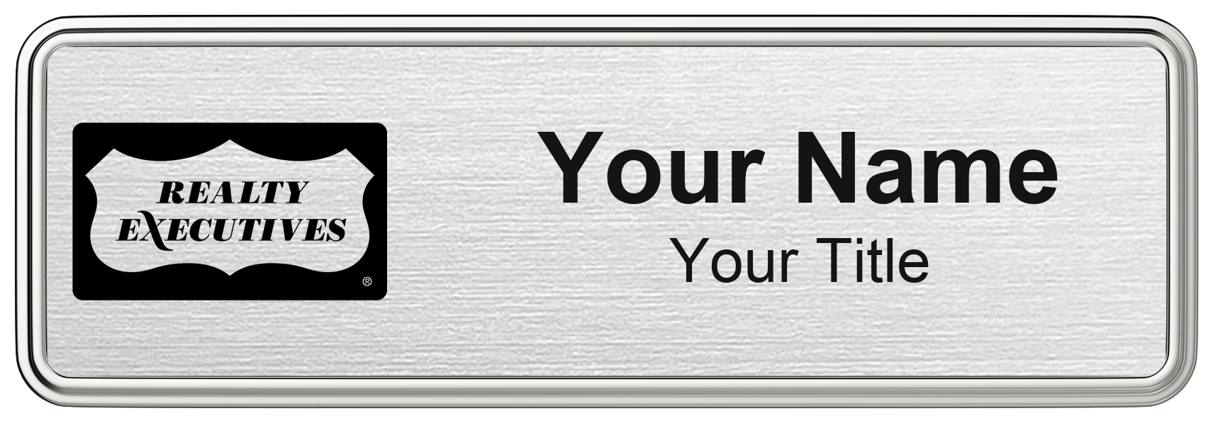 Realty Executives silver metallic, silver border 1x3 inch magnetic name badge with logo