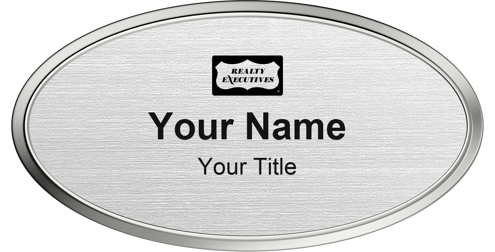 Realty Executives silver metallic, silver border oval magnetic name badge with logo