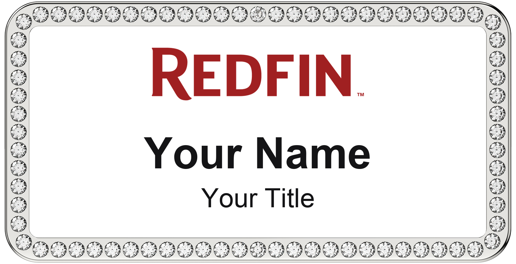 Redfin rhinestone bling, crystal 1.5x3 inch magnetic name badge with logo