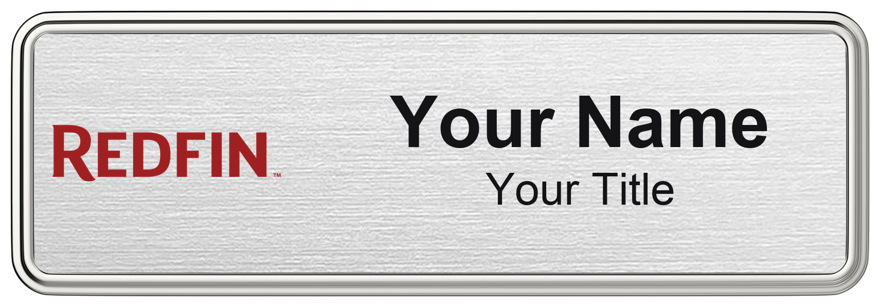 Redfin silver metallic, silver border 1x3 inch magnetic name badge with logo