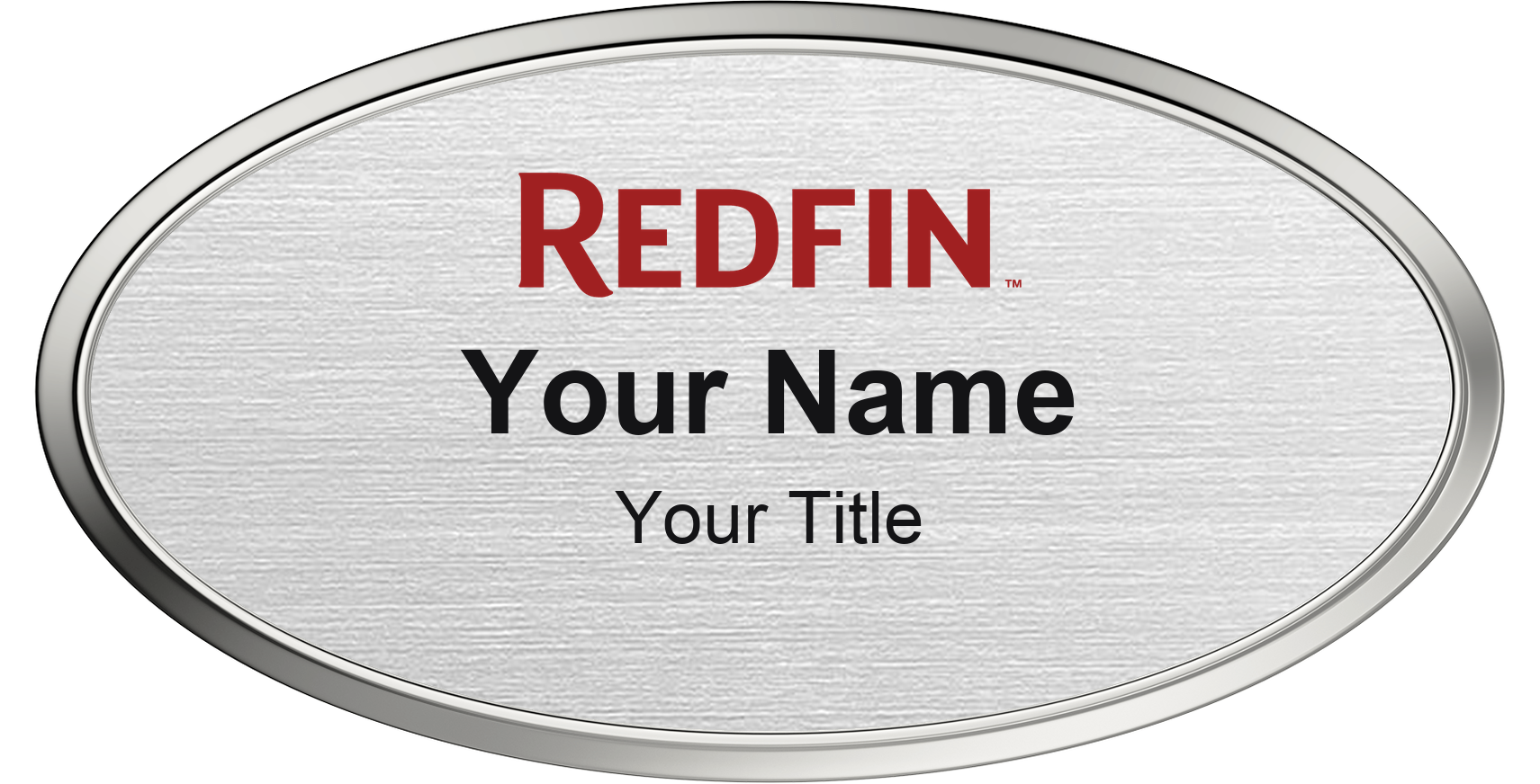 Redfin silver metallic, silver border oval magnetic name badge with logo