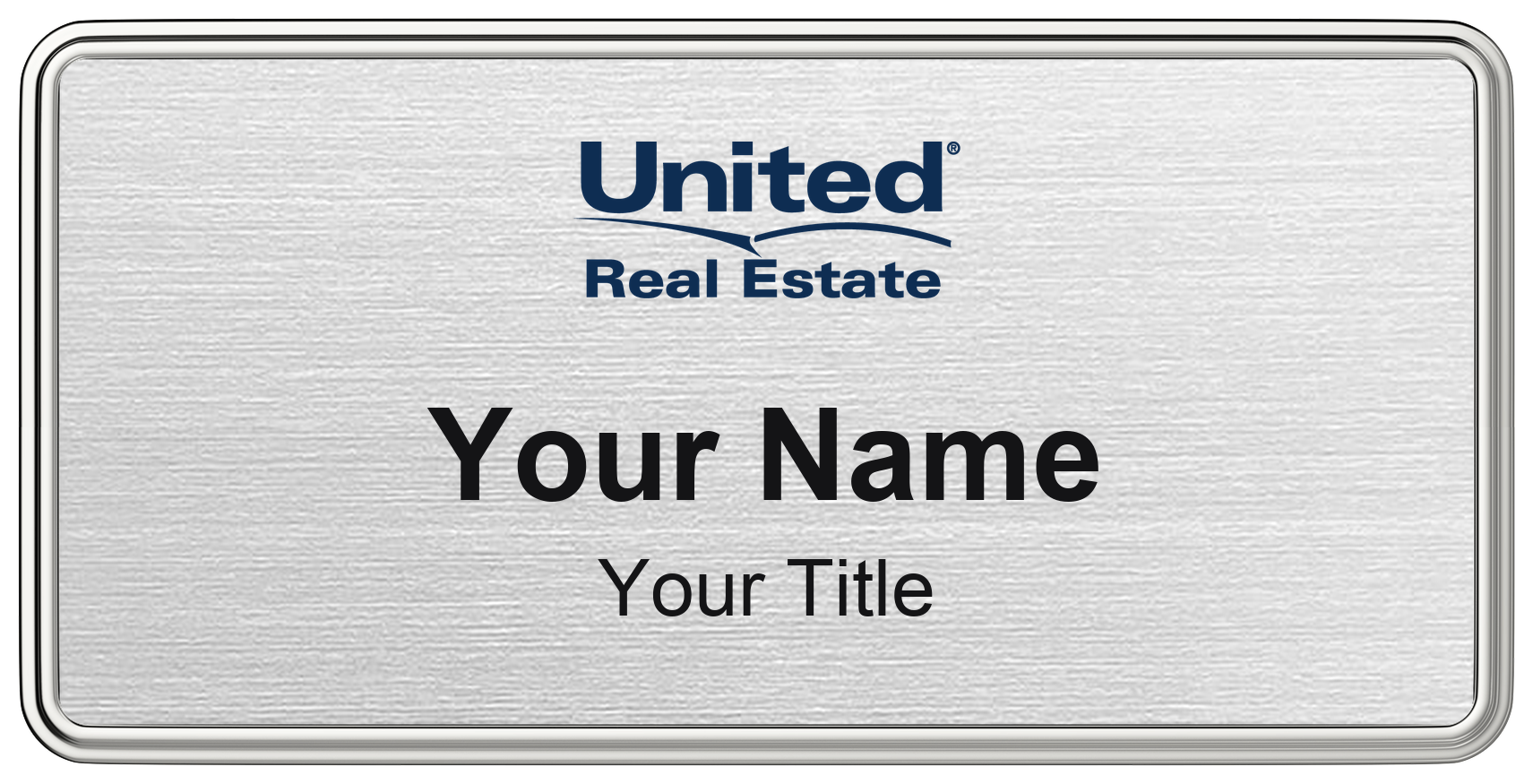 United Real Estate real estate name badge, brushed silver, magnetic, with logo