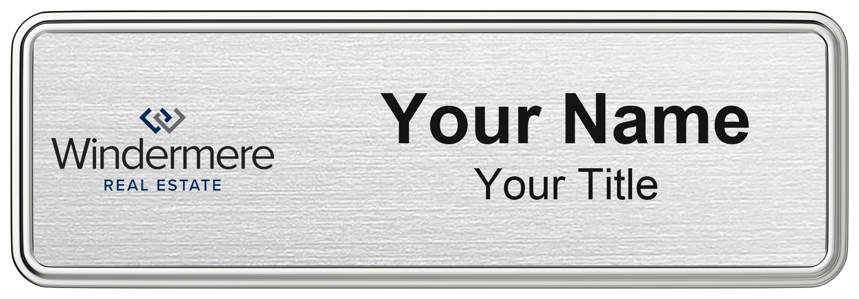 Windermere silver metallic, silver border 1x3 inch magnetic name badge with logo