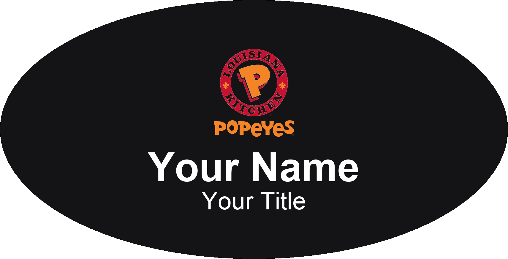 Popeyes Name Badge, Black, No Border Oval 3" × 1.5"
