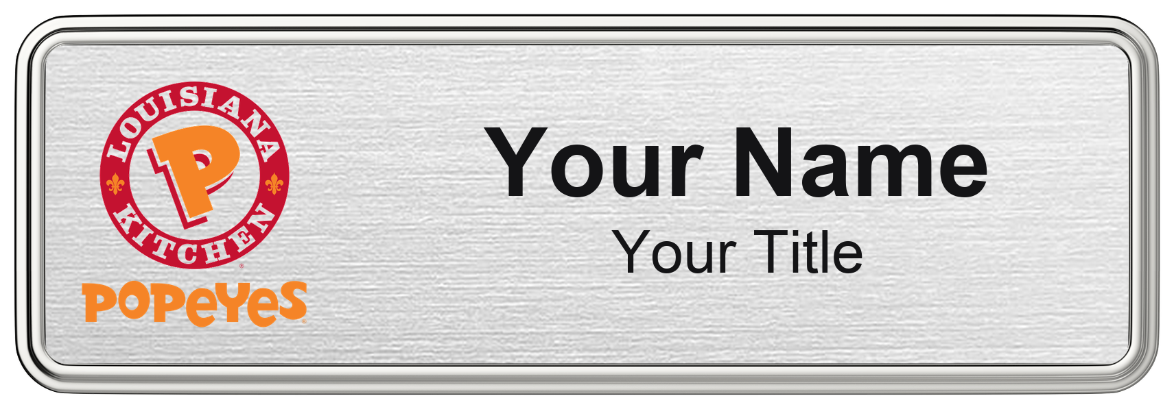 Popeyes Name Badge, Silver Metallic, Silver Border 3" × 1"