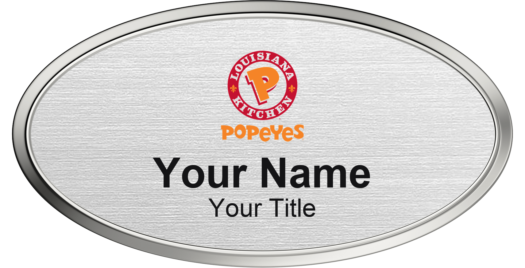 Popeyes Name Badge, Silver Metallic, Silver Border Oval 3" × 1.5"