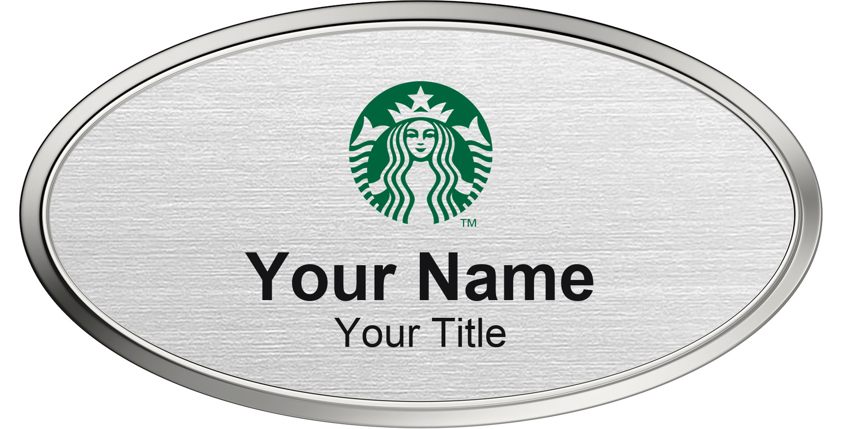 Starbucks Name Badge, Silver Metallic, Silver Border Oval 3" × 1.5"