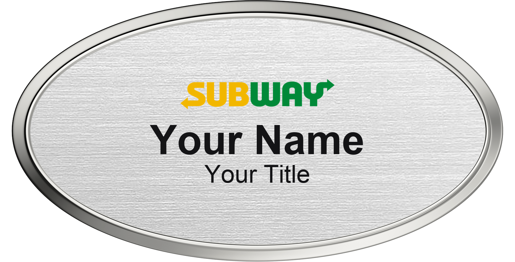 Subway Name Badge, Silver Metallic, Silver Border Oval 3" × 1.5"