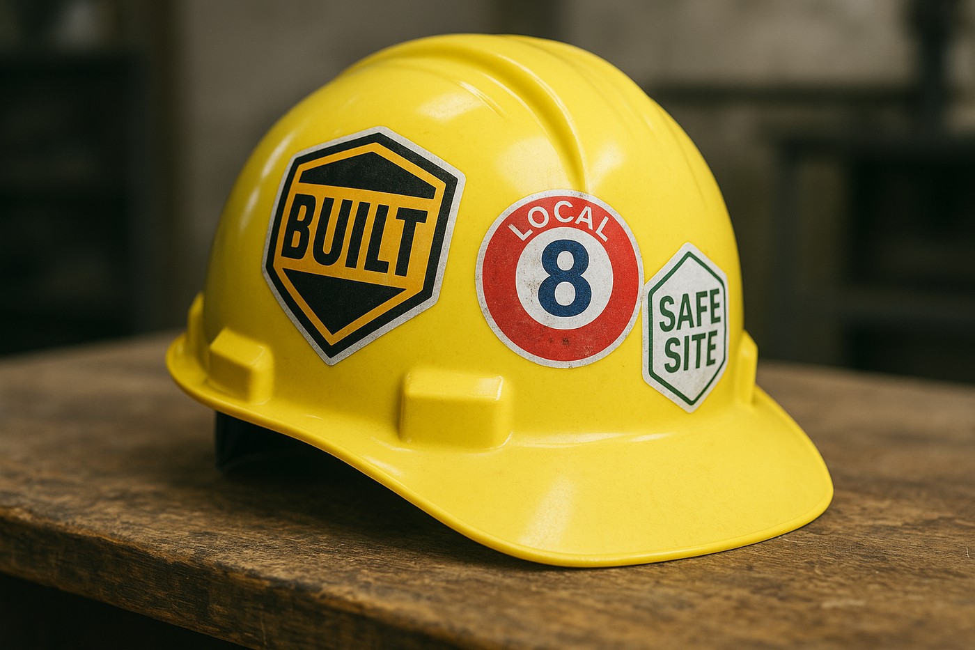 Bright yellow construction hardhat with three die-cut vinyl stickers showing real outdoor durability