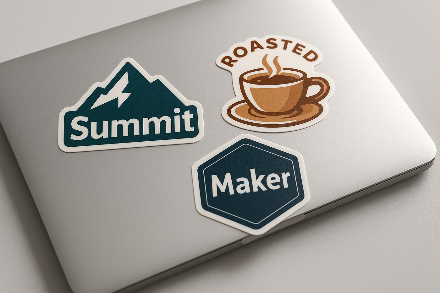 Three custom die-cut vinyl stickers in mountain, coffee cup, and hexagon badge shapes on a silver laptop