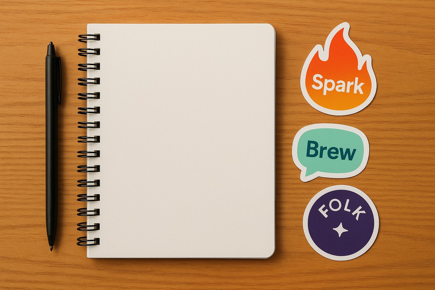 Spiral notebook flat-lay with three custom die-cut stickers (flame, speech bubble, circle badge) and a pen
