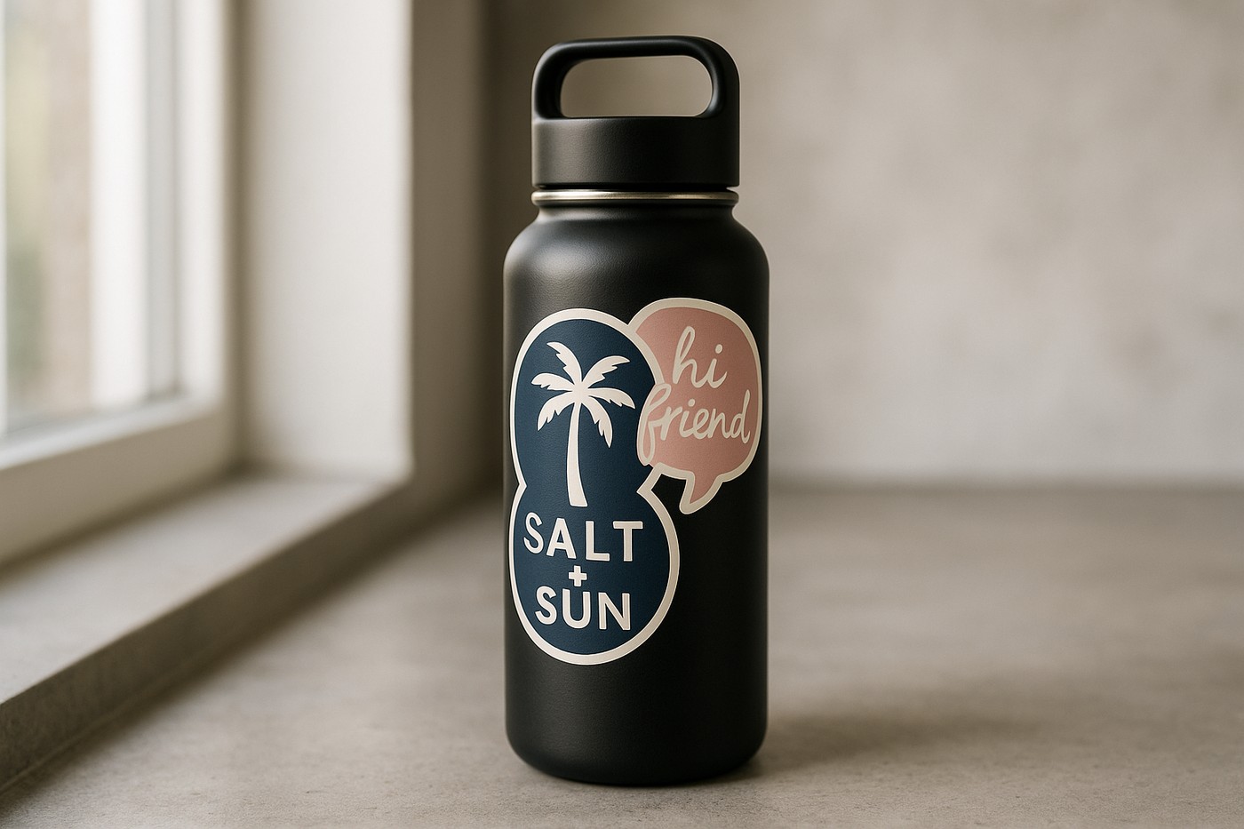 Custom die-cut vinyl stickers applied to a matte black water bottle showing how vinyl conforms to curves